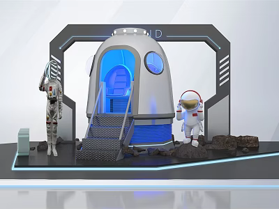Space Theme Photo Spot With Silver Space Capsule Astronaut Models Blue Lighting And Lunar Rocks 3d model
