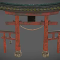 Traditional Chinese Archway Wooden Structure With Carved Roof Tiles And Red Pillars