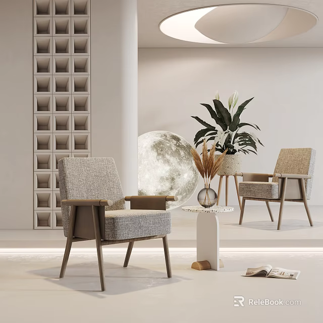 Gray Linen Leisure Chairs With Wooden Armrests And Indoor Plant Moon Decor Side Table 3d model 