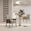 Gray Linen Leisure Chairs With Wooden Armrests And Indoor Plant Moon Decor Side Table