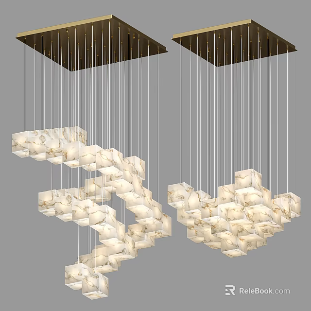 Modern Cube Shaped Chandelier With Marble Textured Panels And Hanging Cords 3d model 