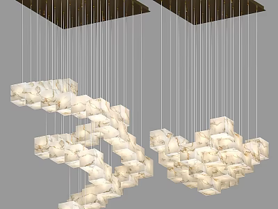 Modern Cube Shaped Chandelier With Marble Textured Panels And Hanging Cords 3d model