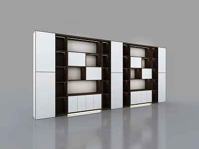 Modern Decorative Cabinet With White And Brown Wooden Panels Open Shelves And Closed Drawers Design 3d model