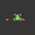 Green Frog With Big Eyes Sitting On Lotus Leaf In Blue Water With Pink Flowers