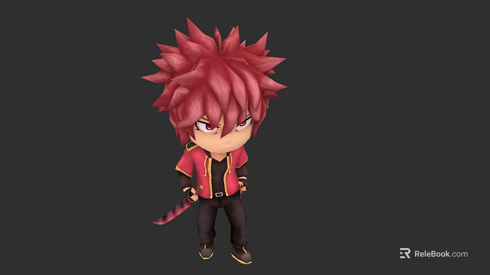 Game Movie Character With Spiky Red Hair Red Eyes Red Jacket Black Pants And Tail 3d model 