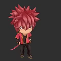 Game Movie Character With Spiky Red Hair Red Eyes Red Jacket Black Pants And Tail