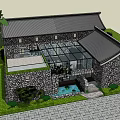 Traditional Chinese Guesthouse Architecture Featuring Stone Walls Tile Roof Glass Doors And Green Trees