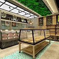 Sweet Dessert Shop Interior With Green Plant Ceiling Glass Display Cases And Counter