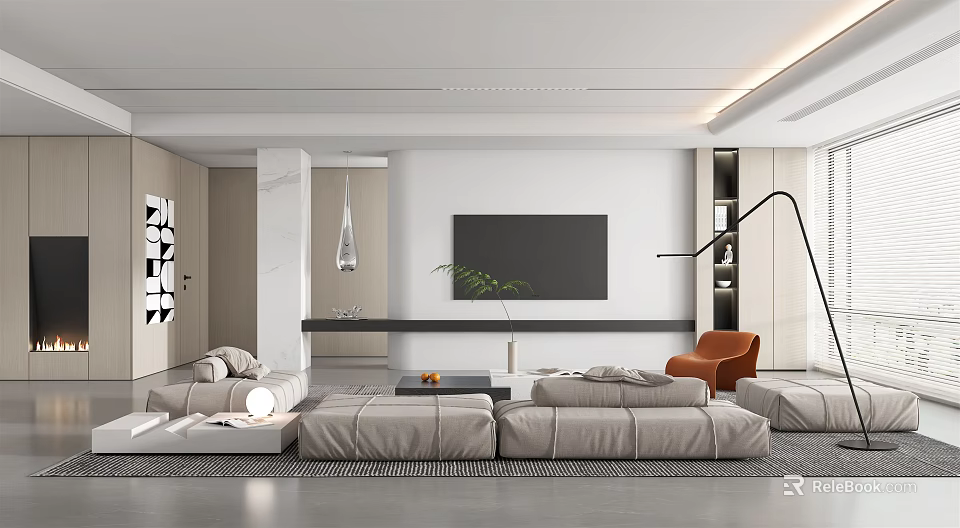 Modern Living Room Interior With Gray Modular Sofa Orange Armchair And Black TV 3d model 