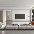 Modern Living Room Interior With Gray Modular Sofa Orange Armchair And Black TV