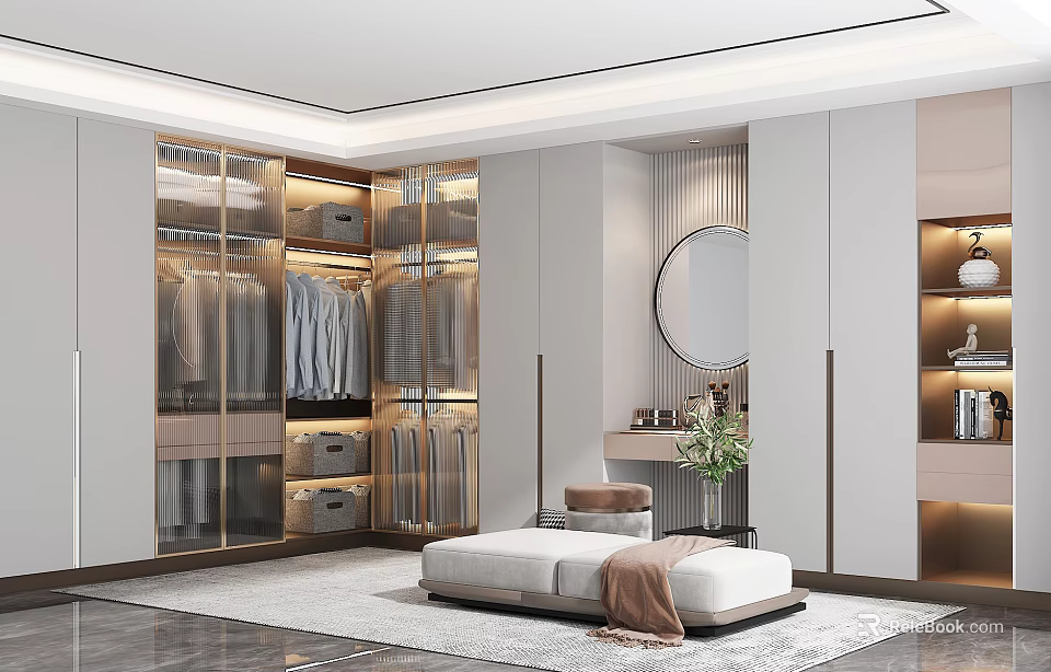 Modern Walk in Closet Interior Design With Glass Door Cabinets Round Mirror And Bench 3d model 