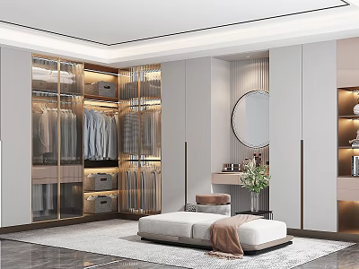 Modern Walk in Closet Interior Design With Glass Door Cabinets Round Mirror And Bench 3d model