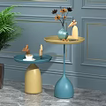 Modern Yellow And Blue Two Tiered Side Tables With Vase Bird Decor In Living Room