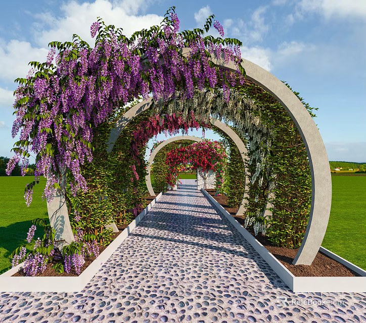 Decorative Ornament Combination With Arched Vine Covered Trellis Purple Wisteria Stone Path And Green Lawn 3d model 
