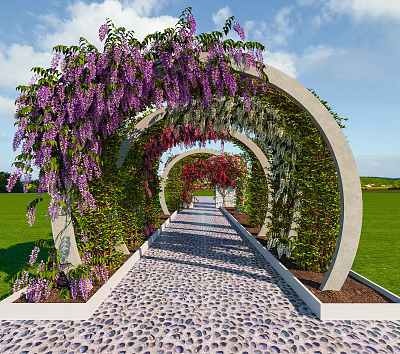 Decorative Ornament Combination With Arched Vine Covered Trellis Purple Wisteria Stone Path And Green Lawn 3d model