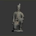 Ancient Terracotta Warrior Sculpture In Kneeling Posture With Intricate Armor Details And Ornate Headgear