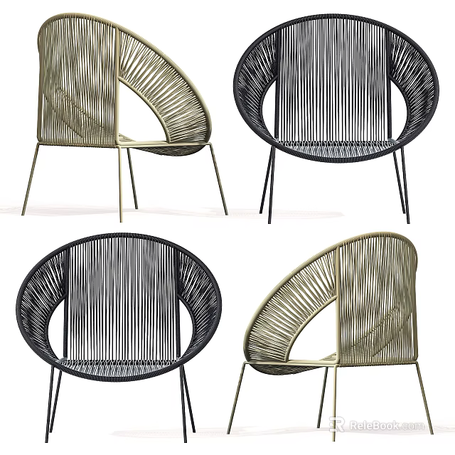 Stylish Modern Leisure Chairs Woven Rattan Design Black And Gold Color With Sturdy Metal Legs 3d model 
