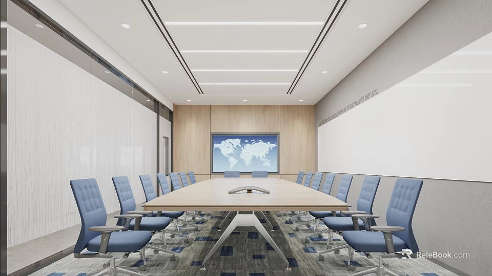 Modern Conference Room With Long Table Blue Chairs And World Map Screen 3d model