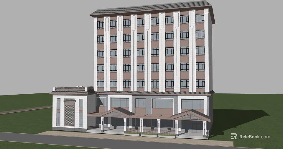 Traditional Chinese Style Multi Story Office Building with White Brown Exterior and Ground Floor Porch 3d model 