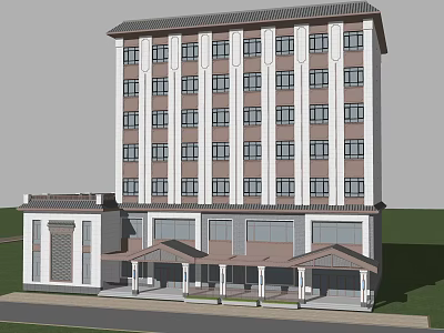 Traditional Chinese Style Multi Story Office Building with White Brown Exterior and Ground Floor Porch 3d model