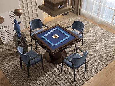 Square Entertainment Table with Four Blue Chairs and Game Accessories in Modern Living Space 3d model