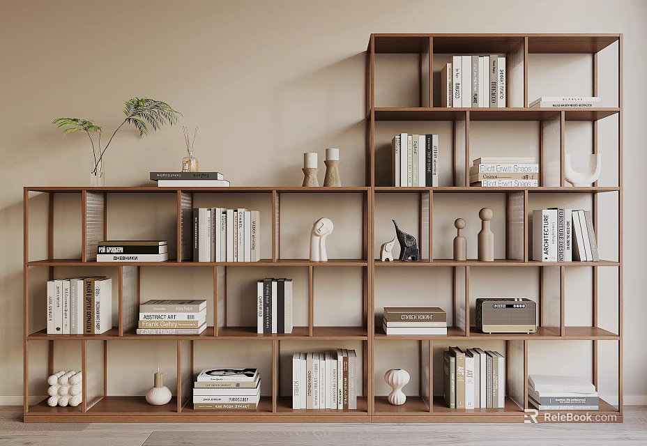 Stylish Wooden Shelving Unit With Stacked Books Decorative Figurines And Potted Plant 3d model 
