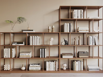 Stylish Wooden Shelving Unit With Stacked Books Decorative Figurines And Potted Plant 3d model