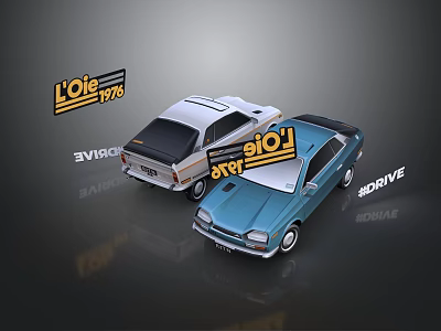 Vintage White And Blue Cars With L'Oie 1976 Logo And DRIVE Theme 3d model
