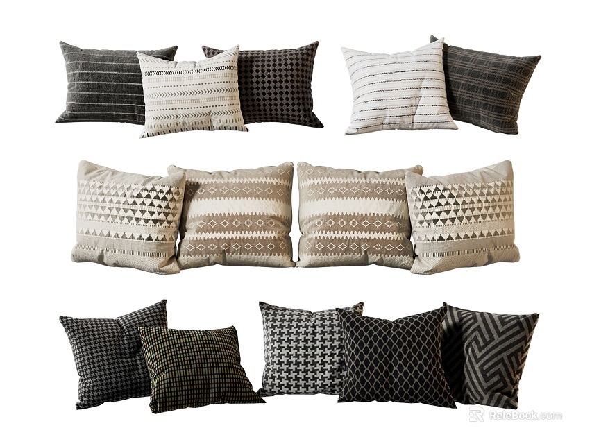 Various Style Throw Pillows in Neutral Tones with Geometric and Striped Patterns 3d model 