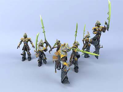 Armored Game And Movie Characters Holding Green Weapons In Dynamic Group 3d model