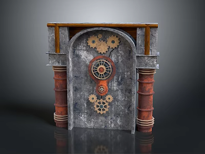 Vintage Industrial Gray Entrance Gate With Gear Decor Clock Red Columns And Wooden Top 3d model