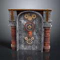 Vintage Industrial Gray Entrance Gate With Gear Decor Clock Red Columns And Wooden Top
