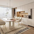 Modern Open Kitchen Interior With Dining Table White Chairs And City View 3d model
