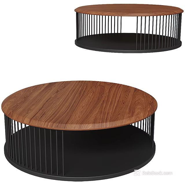 Modern Round Coffee Table With Wooden Top And Black Metal Frame For Living Room 3d model 