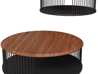 Modern Round Coffee Table With Wooden Top And Black Metal Frame For Living Room 3d model