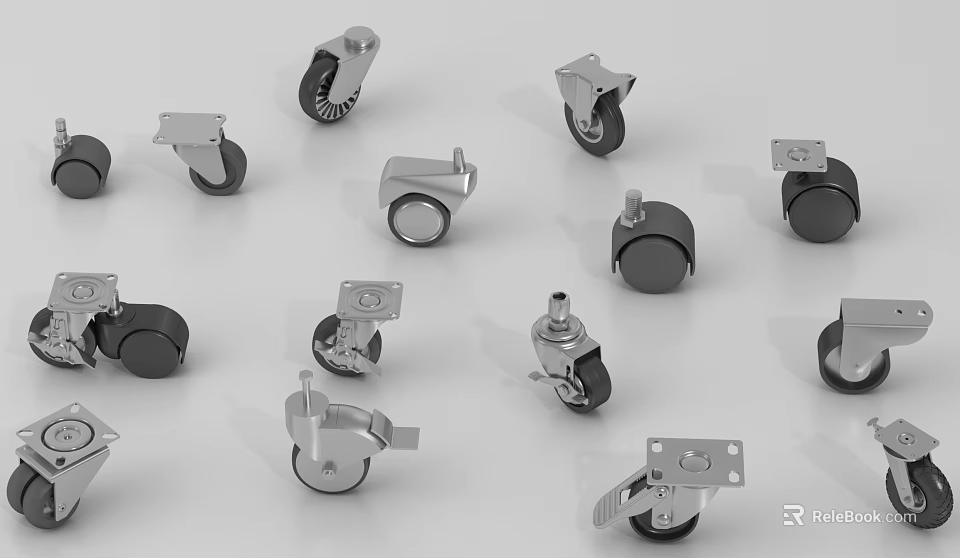 Hardware Tools Including Various Swivel Braked Casters With Metal Brackets And Rubber Wheels 3d model 