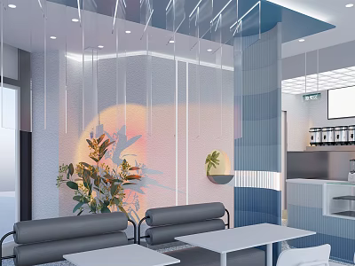 Modern Stylish Bubble Tea Shop Interior With Cozy Seating And Green Plants Decor 3d model