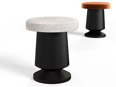 Two modern stools with round white and brown upholstered seats and black cylindrical bases 3d model