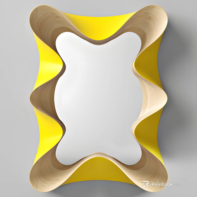 Unique Modern Mirror With Wavy Yellow And Wooden Frame For Home Decor 3d model 