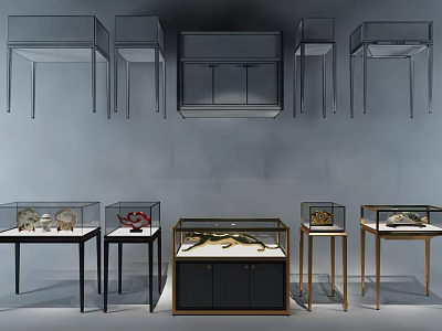 Modern Display Shelves And Showcases With Glass Doors Metal Frames And Drawer Cabinets For Retail 3d model