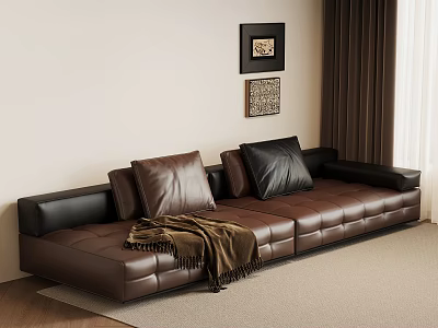Brown Leather Multi Seater Sofa With Dark Cushions Woven Throw Blanket Decorative Wall Art Curtains 3d model