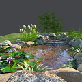 Water Fountain in Garden Pond with Water Lilies Fish Rocks and Green Plants