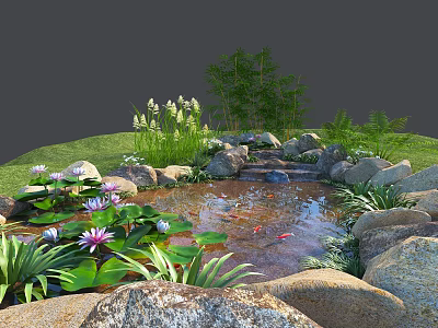 Water Fountain in Garden Pond with Water Lilies Fish Rocks and Green Plants 3d model