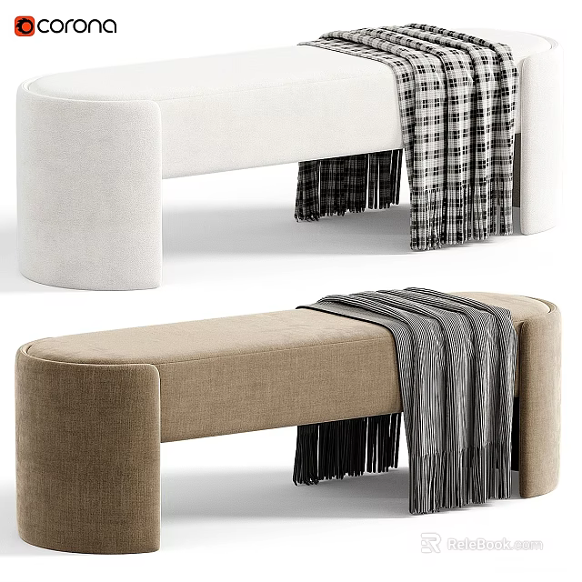 Two Styles of White and Beige Sofa Bench with Plaid Blanket Draped Over 3d model 