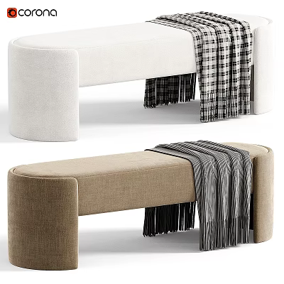Two Styles of White and Beige Sofa Bench with Plaid Blanket Draped Over 3d model