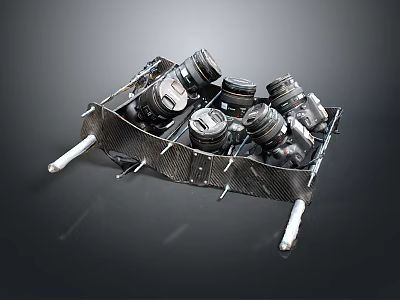 Mechanical Engine Parts Arranged In Metal Tray With Carbon Fiber Base 3d model