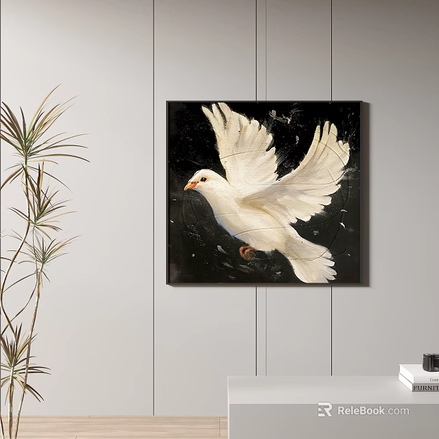 Stunning Abstract Painting Featuring White Dove with Spread Wings Against Black Background 3d model 