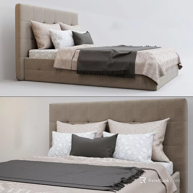 Double Bed With Upholstered Headboard Neutral Tones Decorative Pillows And Soft Blanket 3d model