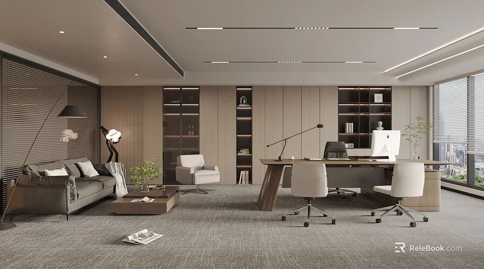 Modern Open Office Interior With Sofa Desk Bookshelves Green Plants Table Lamp And Carpet 3d model 