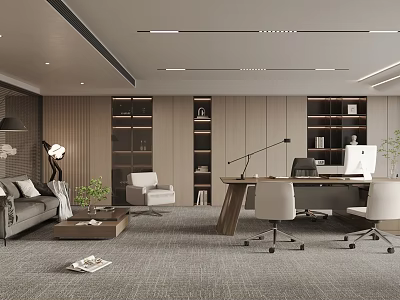Modern Open Office Interior With Sofa Desk Bookshelves Green Plants Table Lamp And Carpet 3d model